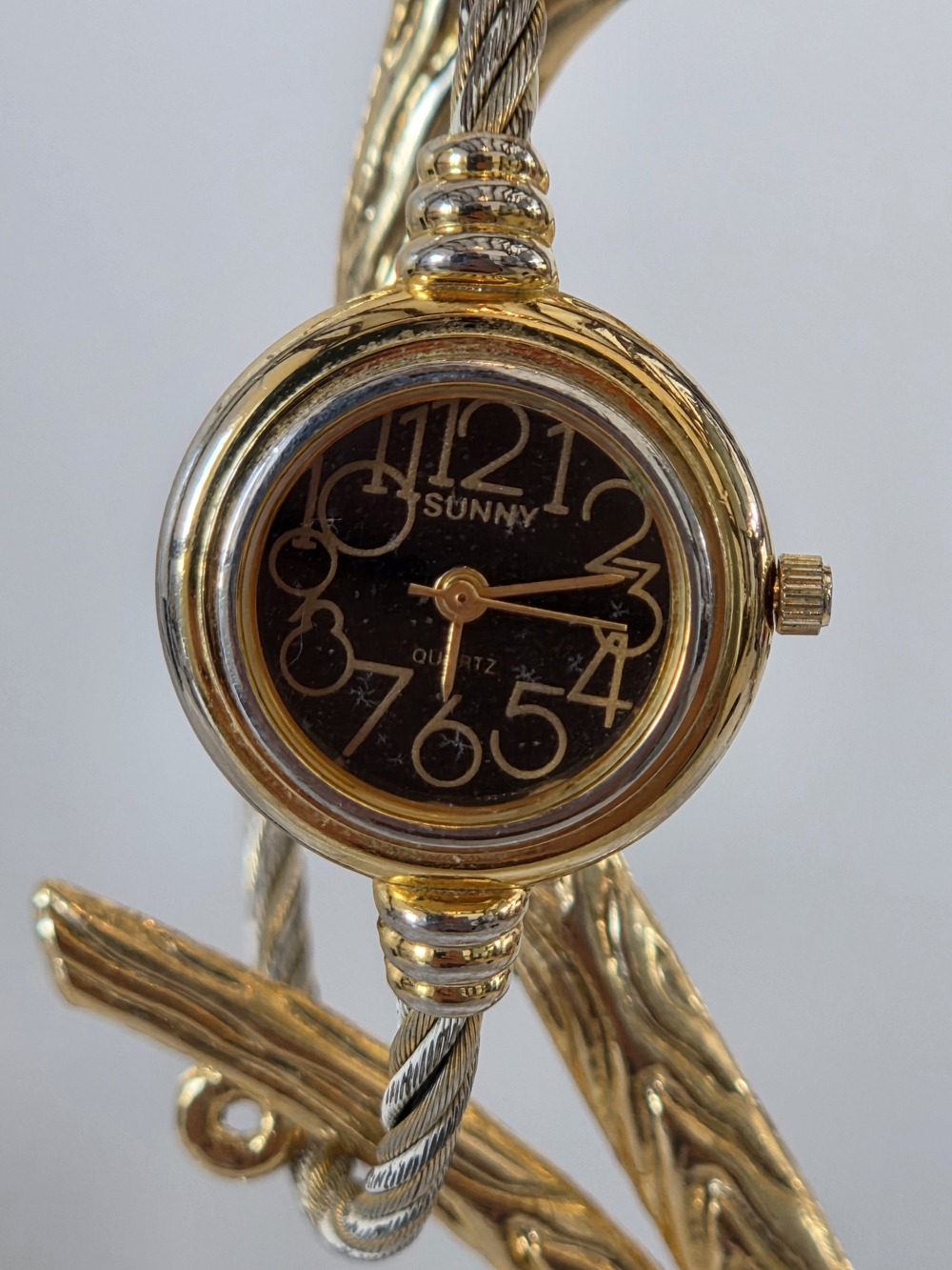 Sunny Two Tone Cable Cuff Watch Black Dial AS IS For Parts Repair